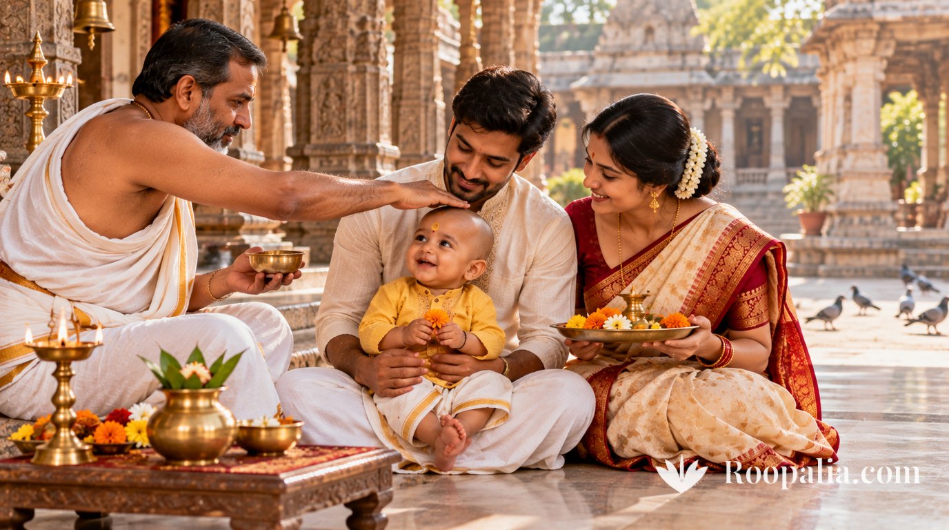 मंदिर के आँगन में मुंडन के बाद बच्चे को आशीर्वाद देते पुजारी, साथ में माता-पिता — AI-निर्मित चित्र (Roopalia)