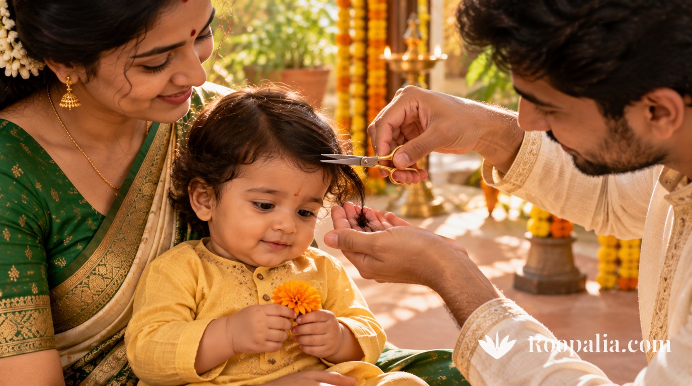 माँ की गोद में बैठे बच्चे के सिर से कैंची से पहली लट काटते पिता, पास में पूजा की थाली और दीपक — AI-निर्मित चित्र (Roopalia)