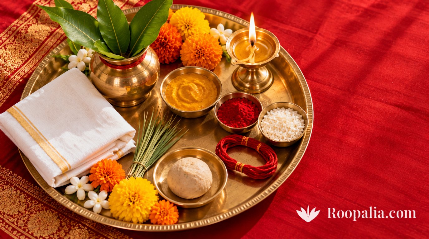 लाल कपड़े पर सजी मुंडन पूजा की थाली — रोली, अक्षत, गेंदे के फूल, जलता दीपक, कलश और सफ़ेद कपड़ा — AI-निर्मित चित्र (Roopalia)