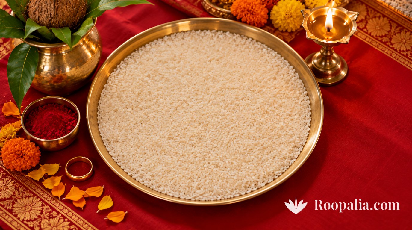 A large brass plate of smooth uncooked white rice on red silk, beside it a gold ring, a bowl of kumkum, marigolds, a kalash with mango leaves and a lit brass lamp &mdash; AI-generated image (Roopalia)