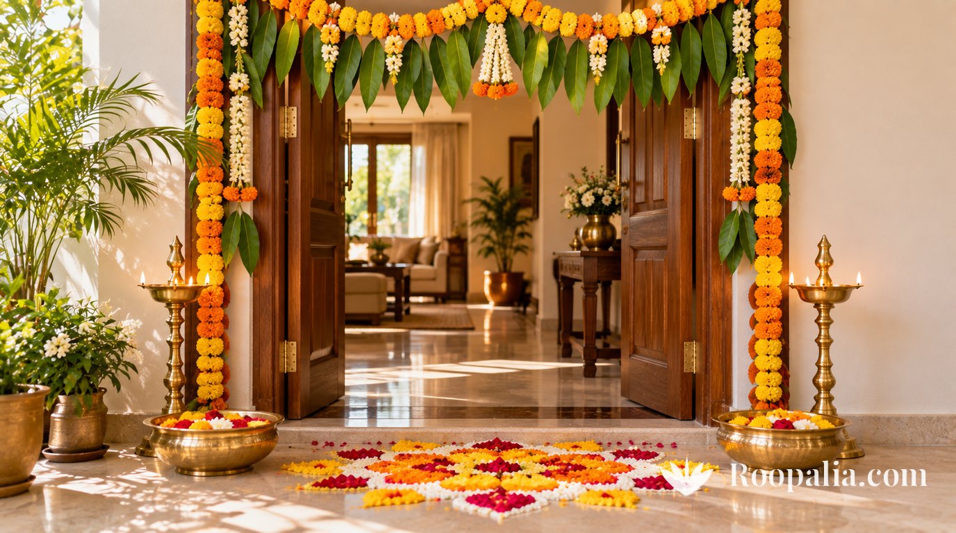 A home doorway decorated with a toran of mango leaves and marigolds, brass oil lamps on either side, brass bowls of flowers and a flower-petal rangoli on the floor &mdash; AI-generated image (Roopalia)