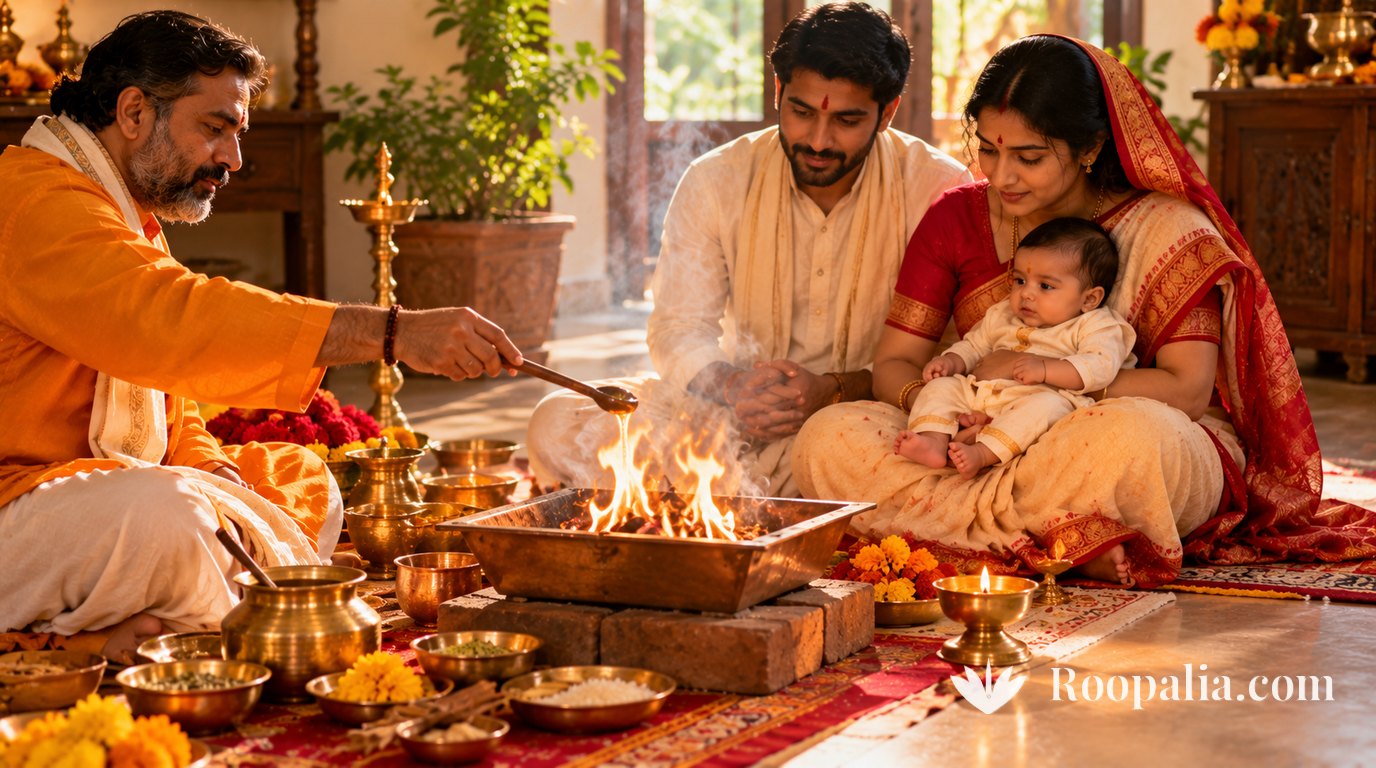 A priest in saffron offers ghee with a long wooden ladle into a small copper havan kund resting on bricks, a young couple seated opposite with their baby in the mother&rsquo;s lap &mdash; AI-generated image (Roopalia)