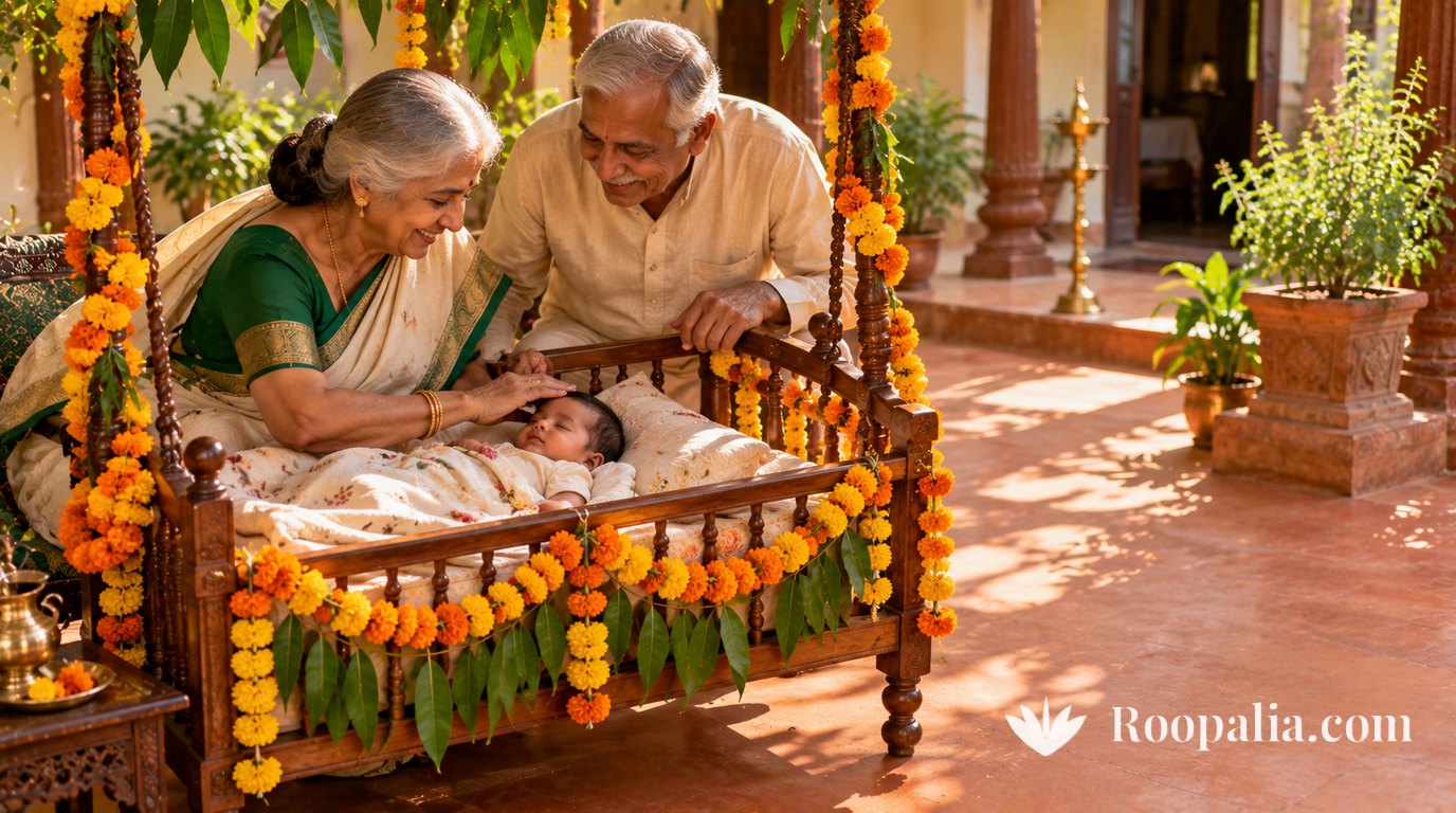 Grandparents lean over a wooden cradle decorated with marigolds and mango leaves in a sunlit courtyard, the grandmother blessing the sleeping baby — AI-generated image (Roopalia)