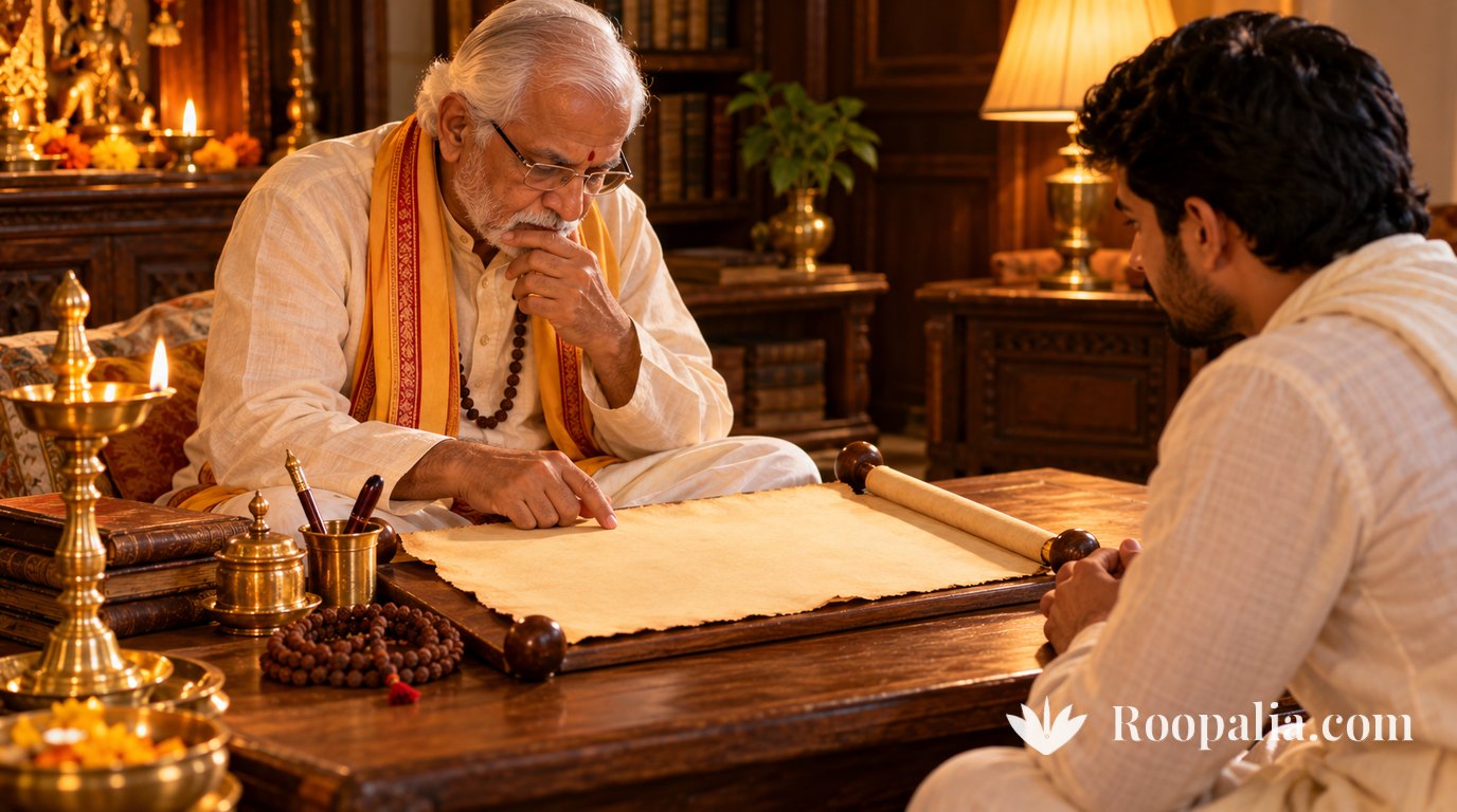 An elderly pandit in spectacles studies a blank old paper scroll on a wooden desk, finger resting on it, while a young father listens attentively, a brass lamp and rudraksha beads nearby &mdash; AI-generated image (Roopalia)