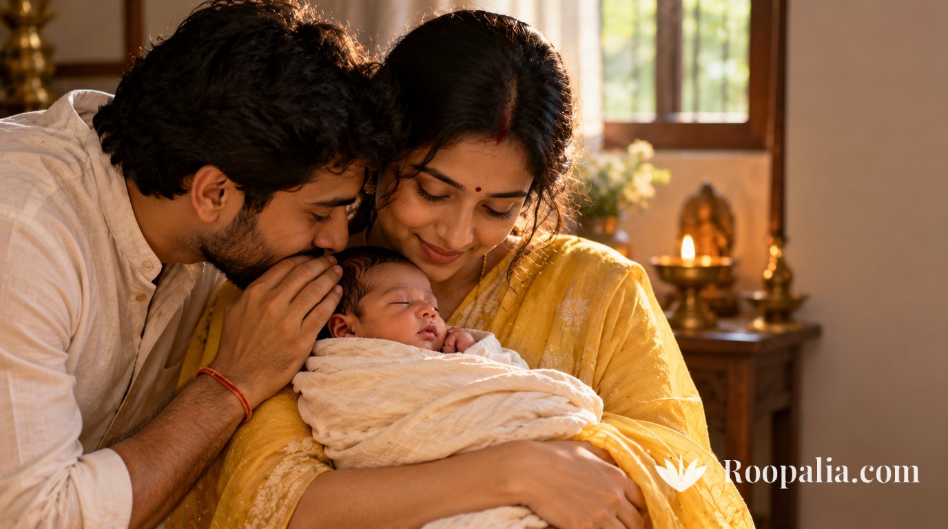 A mother in a yellow sari holds a sleeping newborn wrapped in muslin while the father bends close to the baby&rsquo;s head, a brass lamp glowing behind them &mdash; AI-generated image (Roopalia)