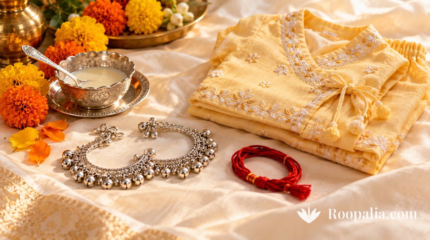 Silver anklets with tiny bells, a small silver bowl and spoon, a folded yellow baby outfit, a red sacred thread and marigolds on cream silk &mdash; AI-generated image (Roopalia)