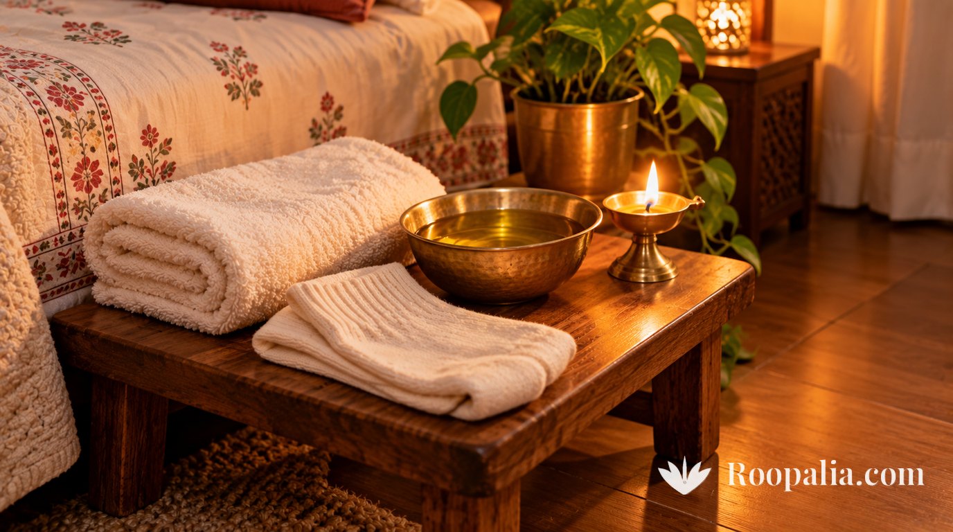 A brass bowl of warm oil, a folded cotton towel, folded cotton socks and a lit brass lamp on a wooden stool beside a bed &mdash; AI-generated image (Roopalia)