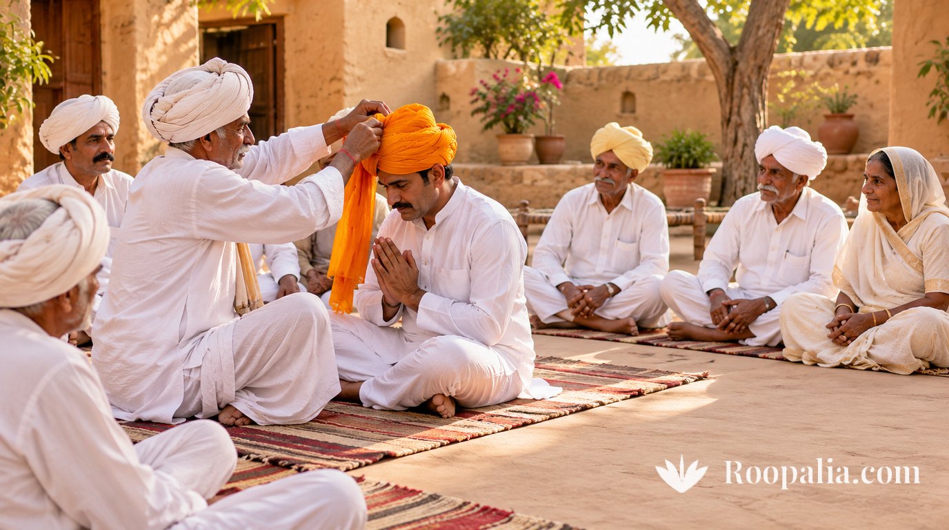 In an earthen courtyard in Rajasthan, elders in white sit on striped durries as an old man ties a saffron turban on a middle-aged man sitting with folded hands &mdash; AI-generated image (Roopalia)