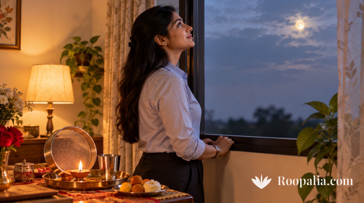 A young woman of Indian origin standing at an apartment window at dusk, still in her office clothes, looking up for the moon; on the table behind her a small puja thali is ready with a diya, a steel glass of water, a sieve and a plate of sweets. AI-generated image (Roopalia)