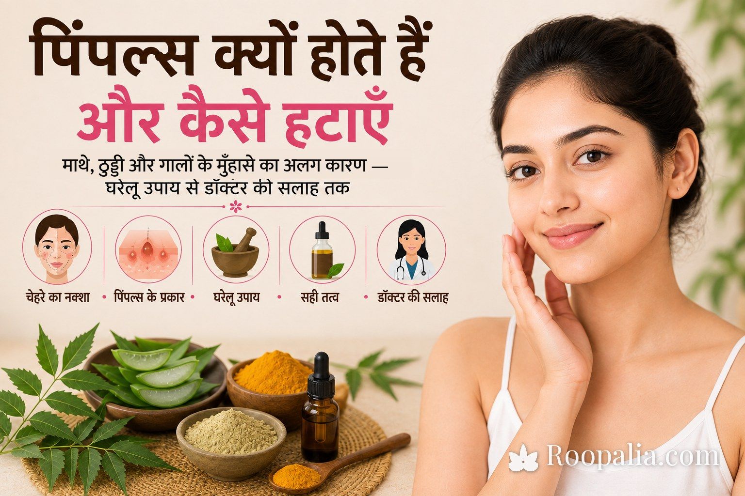 पिंपल्स क्यों होते हैं और कैसे हटाएँ — नीम, एलोवेरा, हल्दी और टी-ट्री ऑयल के साथ साफ़ त्वचा वाली भारतीय युवती (Roopalia)