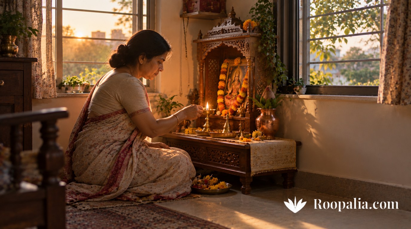 A woman lighting a lamp at a wooden home shrine in the north-east corner of an Indian home at sunrise — AI-generated image (Roopalia)