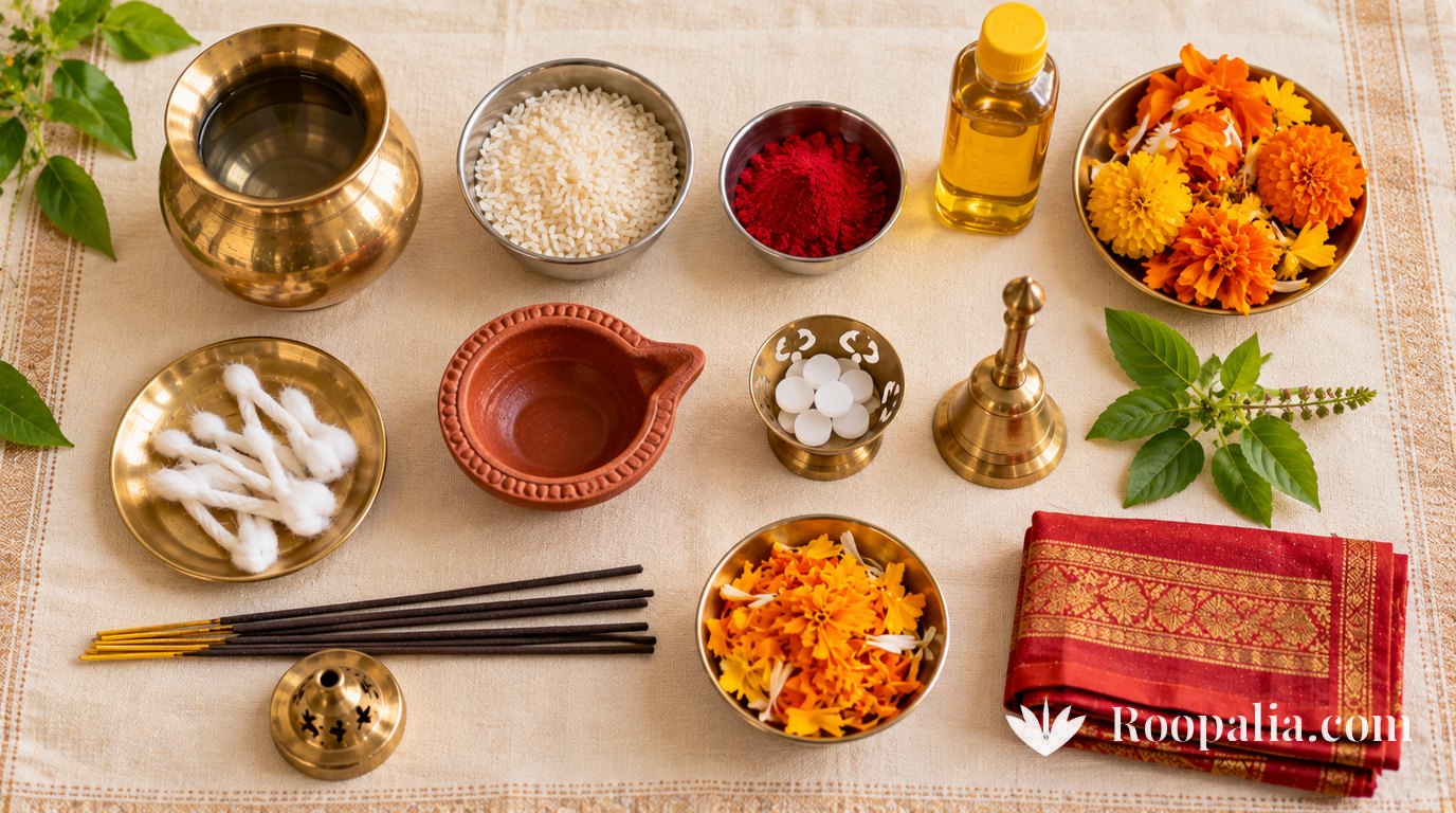 Basic puja materials laid out on a cream cloth — rice in a small steel bowl, roli, a brass lota of water, cotton wicks, oil, marigold petals, tulsi leaves, a clay diya, incense sticks, a small brass bell and a camphor holder. AI-generated image (Roopalia)