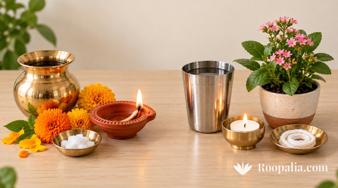 Traditional puja items and everyday substitutes laid side by side on a pale wooden table — a brass lota, marigolds, a lit clay diya and camphor on one side; a steel glass of water, a potted flowering plant, a tealight in a brass holder and ready cotton wicks on the other. AI-generated image (Roopalia)
