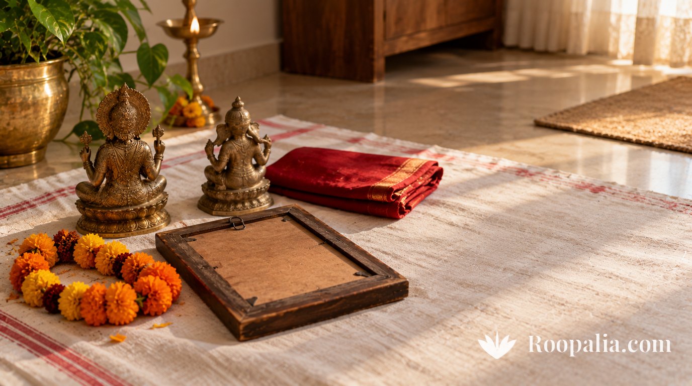 Items set aside respectfully on a cotton cloth on a stone floor — two old brass figures seen from behind, a wooden picture frame lying face-down, a dried marigold garland and a folded red cloth, in soft morning light. AI-generated image (Roopalia)