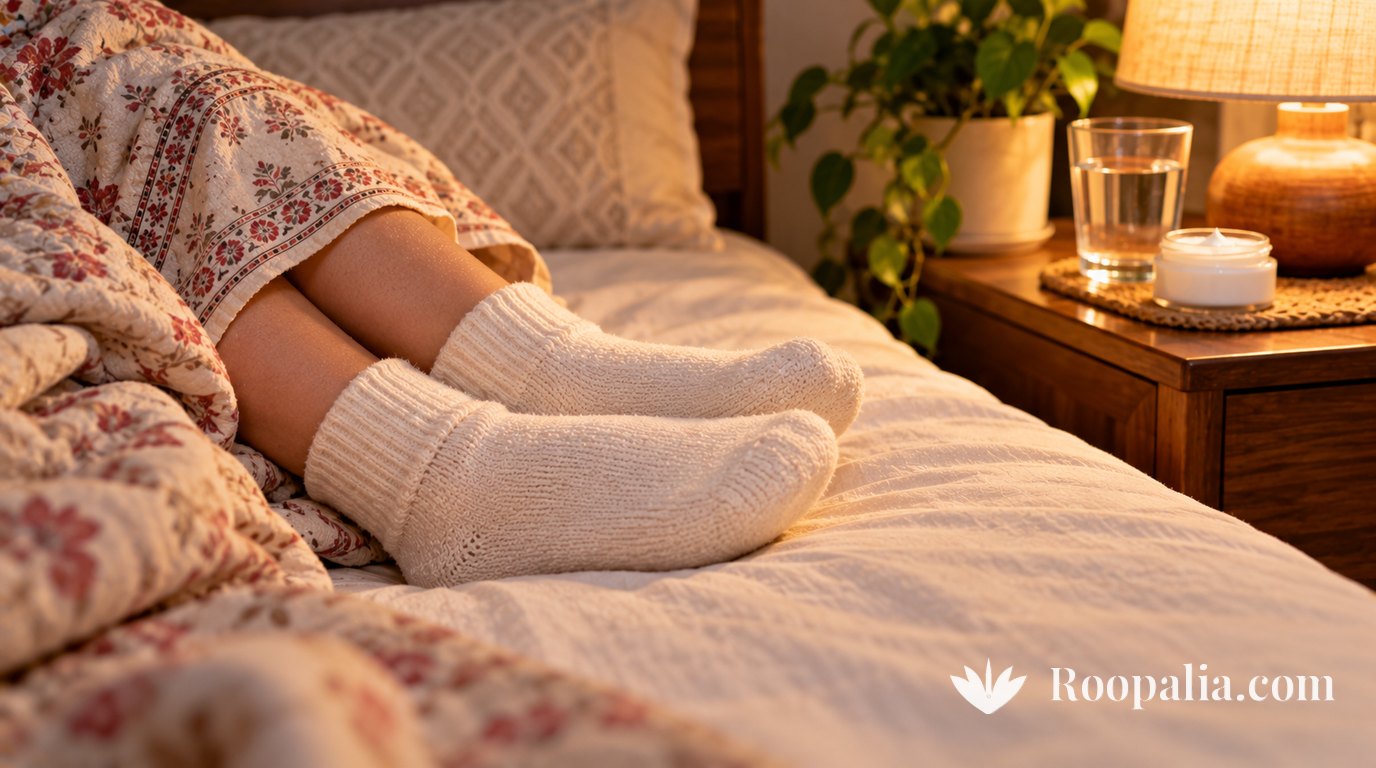 Feet in cream cotton socks on a bed under the edge of a quilt at night, a glass of water, a jar of cream and a lamp on the bedside table &mdash; AI-generated image (Roopalia)