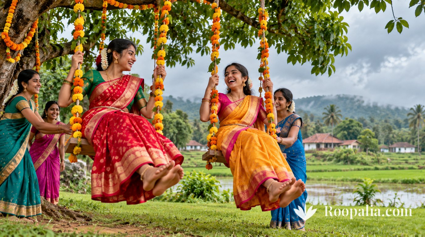 बरसात के मौसम में गाँव के पेड़ से बँधे गेंदे की मालाओं से सजे झूलों पर नई साड़ियों में हँसती हुई युवतियाँ, पीछे धान के हरे खेत — AI-निर्मित चित्र (Roopalia)