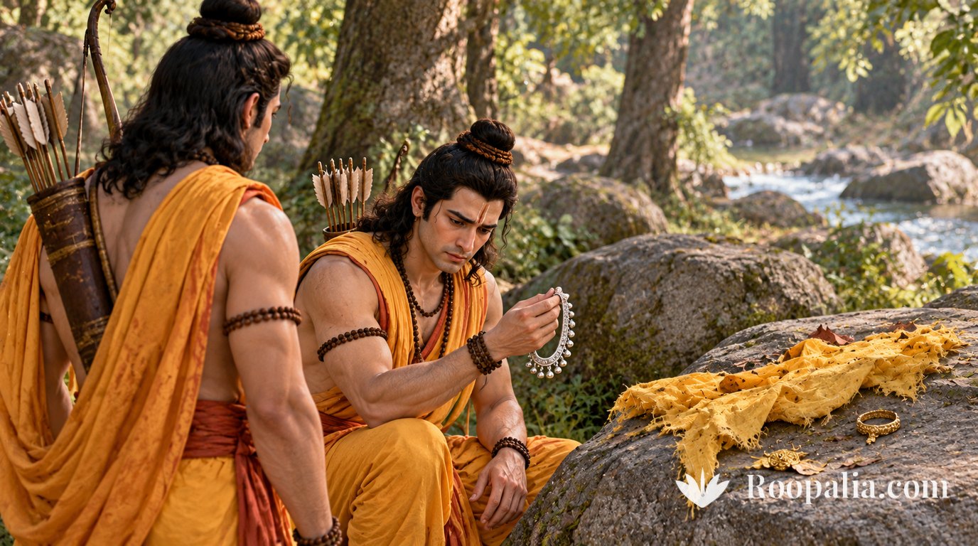 In a forest, Lakshmana sits by a rock with a yellow cloth and holds up a silver anklet, while Rama stands beside him with bow and arrows &mdash; AI-generated image (Roopalia)