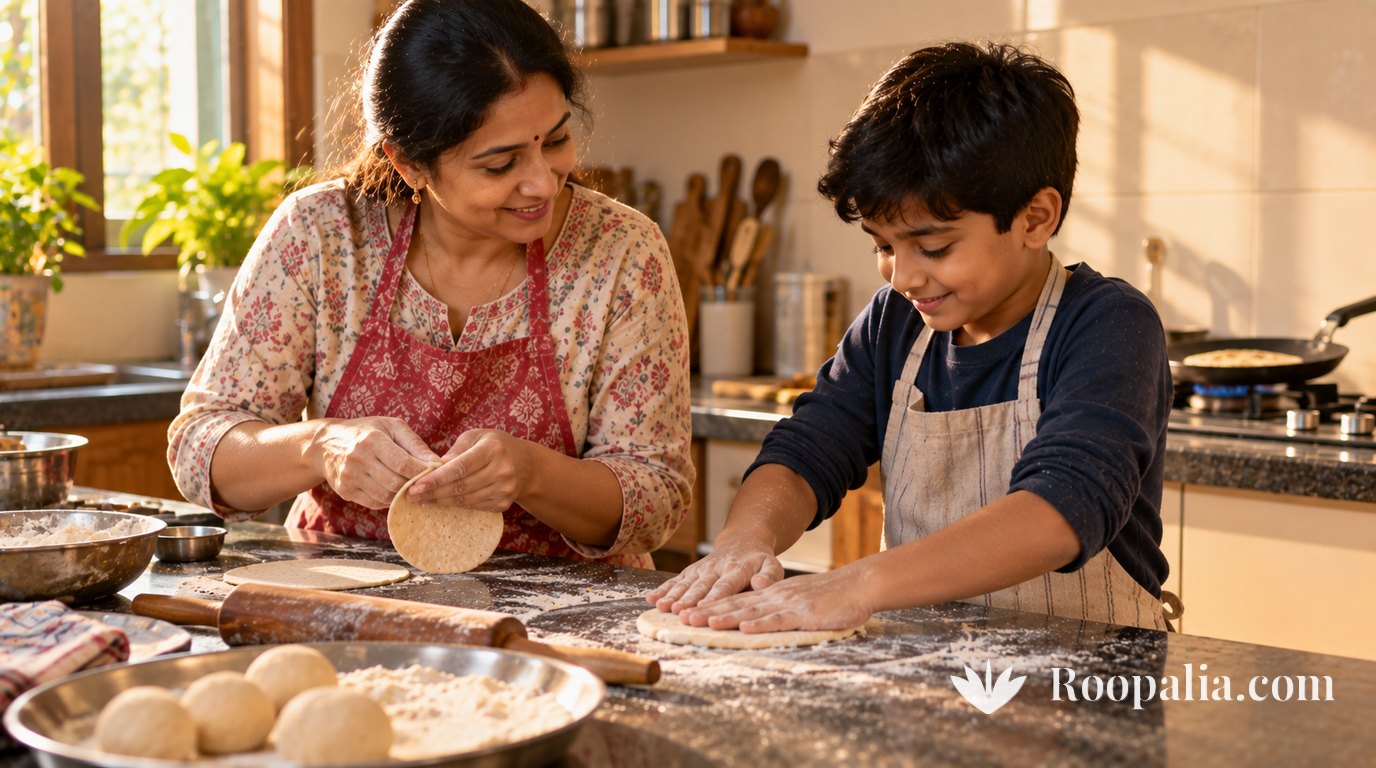 An Indian mother and her ten-year-old son at a kitchen counter, the boy pressing dough with both palms while she shapes a roti beside him, flour on their hands and the counter — AI-generated image (Roopalia)