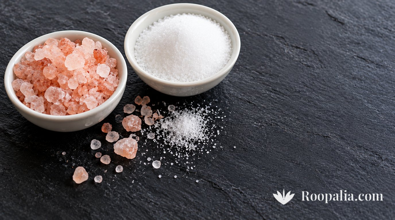 Two small white bowls on dark slate, one holding coarse pink rock salt crystals and the other fine white table salt, with a few crystals scattered between them &mdash; AI-generated image (Roopalia)