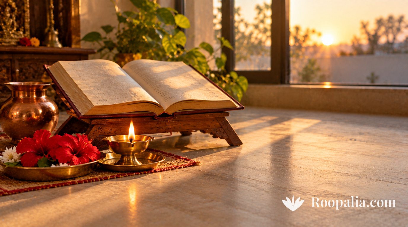 An open handwritten devotional book on a low wooden stand at sunrise, a brass oil lamp burning beside it with red hibiscus flowers and a copper lota of water — AI-generated image (Roopalia)