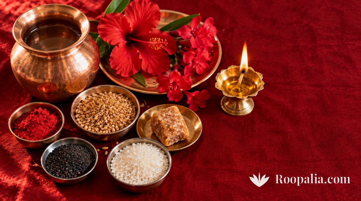 Sunday Surya puja items on dark red cloth &mdash; a copper lota of water, red hibiscus and oleander flowers on a copper plate, red sandalwood paste, wheat grains, jaggery, black sesame, rice and a lit brass lamp &mdash; AI-generated image (Roopalia)