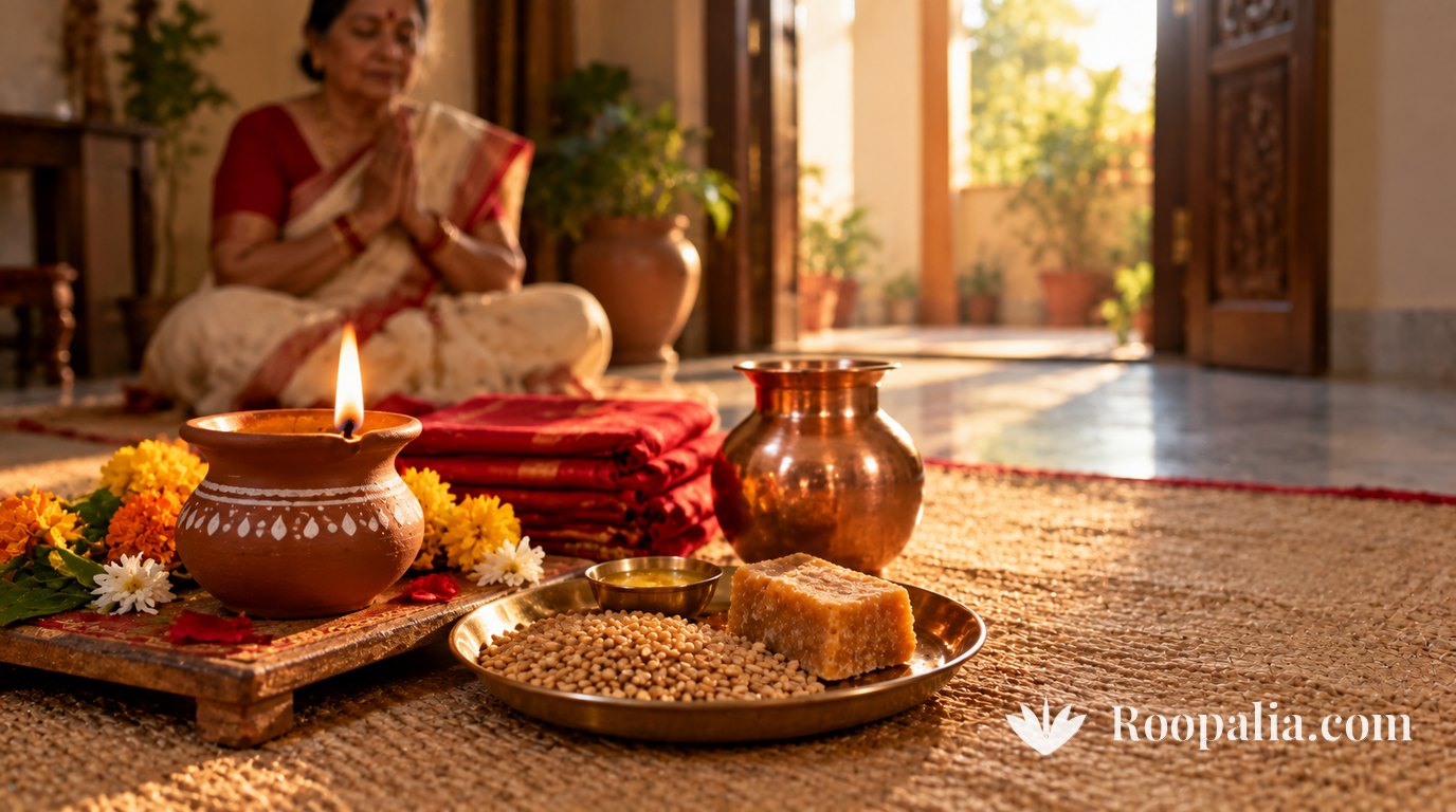 Udyapan items on a woven mat on a home floor &mdash; a clay lamp burning, folded red cloth, a brass plate of wheat grains and jaggery, a copper vessel, with an older woman seated with folded hands blurred behind &mdash; AI-generated image (Roopalia)