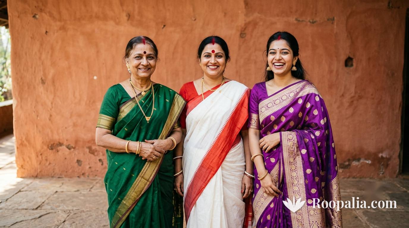 Three generations of Indian women in different coloured sarees, each with sindoor in her hair parting — AI-generated image (Roopalia)