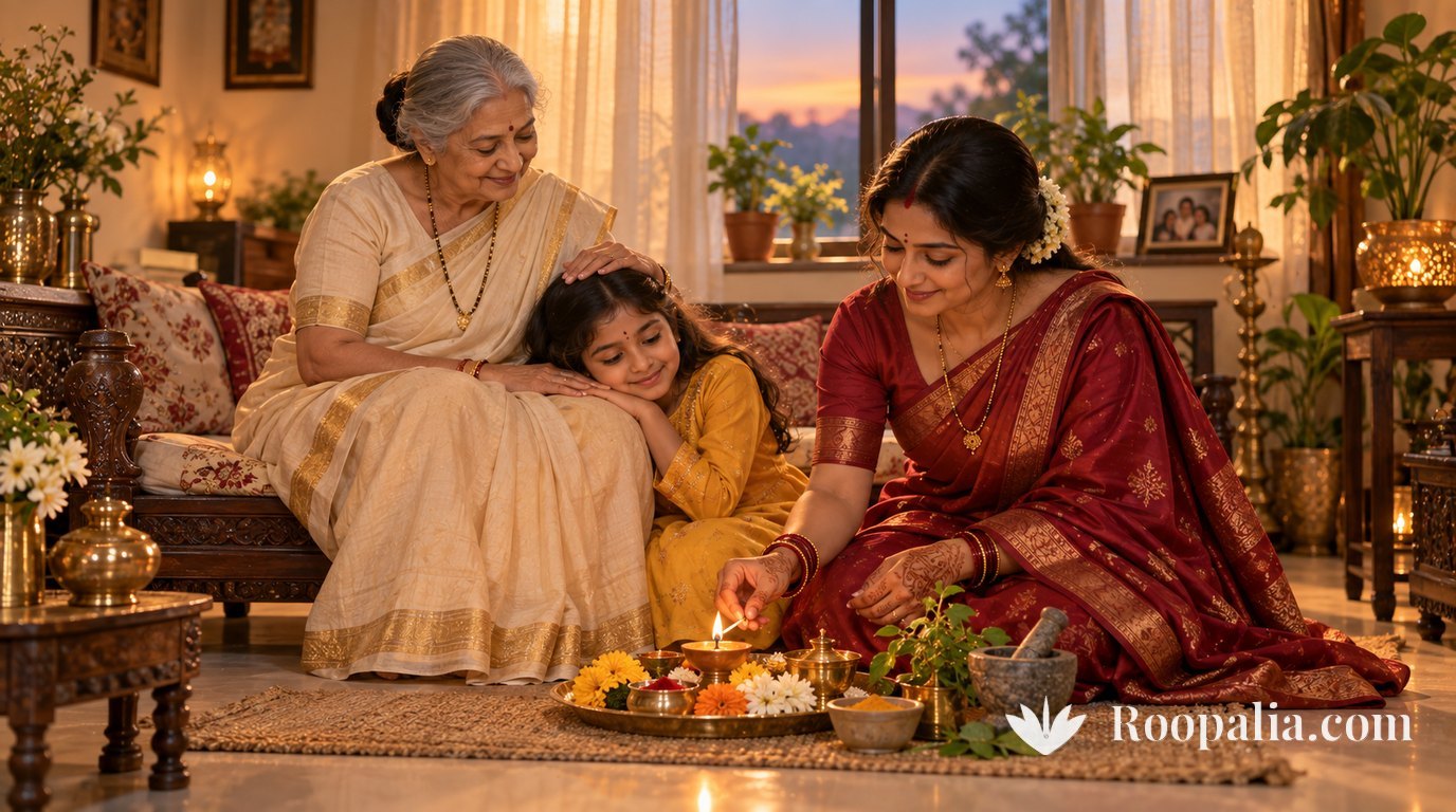 दीपक जलाती माँ, पास बैठी दादी और बेटी — व्रत, परंपरा और घर की रोज़ की बात। AI-निर्मित चित्र (Roopalia)