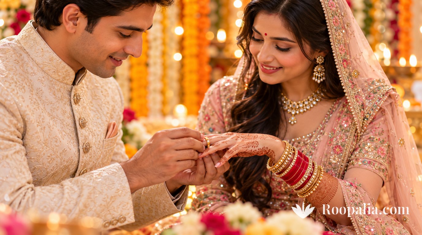 A young man in a cream sherwani slides a gold ring onto the ring finger of a smiling woman in a pink lehenga, her hand decorated with mehndi, a red bindi on her forehead and a light dupatta over her head — AI-generated image (Roopalia)