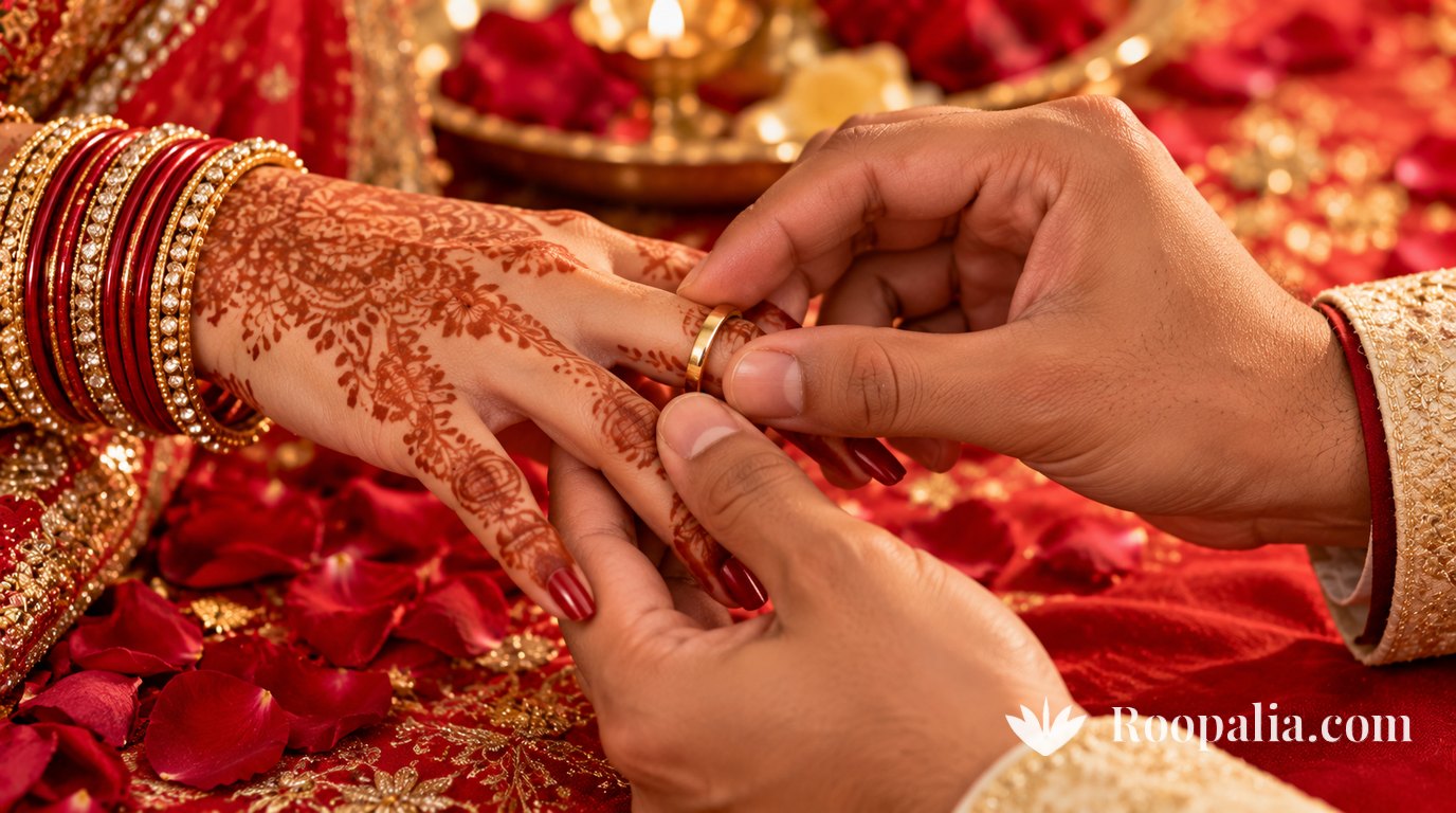 मेहंदी लगे हाथ और लाल-सुनहरी चूड़ियों वाली दुल्हन की उँगली में दूल्हा सोने की अंगूठी पहनाता हुआ, नीचे लाल कपड़े पर गुलाब की पंखुड़ियाँ — AI-निर्मित चित्र (Roopalia)