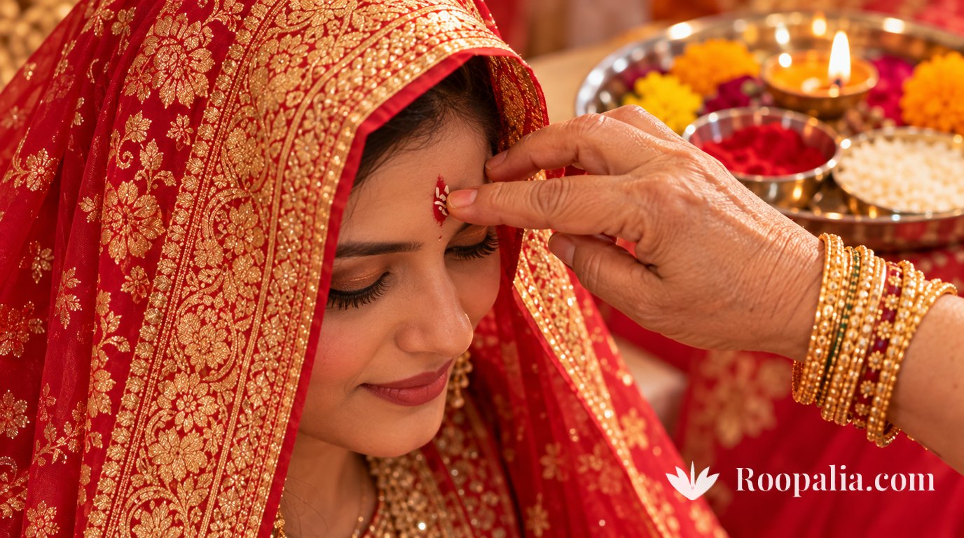 लाल-सुनहरी चुनरी ओढ़े होने वाली दुल्हन के माथे के बीच में एक बुज़ुर्ग स्त्री का हाथ रोली और चावल का तिलक लगाता हुआ, पीछे स्टील की थाली में रोली, चावल, फूल और जलता दीपक — AI-निर्मित चित्र (Roopalia)