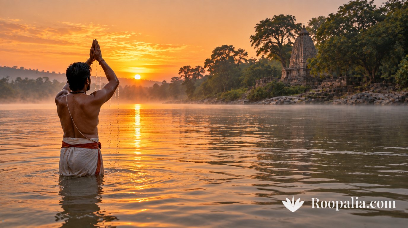 A young man standing waist-deep in a wide river at sunrise with both palms joined above his head, facing the rising sun, a forested bank and an ancient stone shrine behind him &mdash; AI-generated image (Roopalia)
