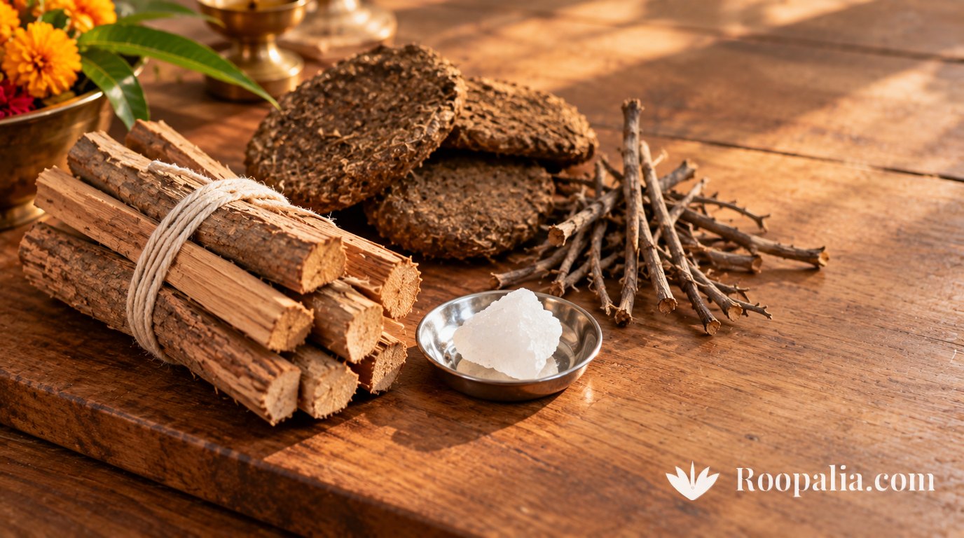 A bundle of short dry mango wood sticks tied with cotton thread on a wooden board, with dried cow-dung cakes, clean dry twigs and a piece of camphor in a small steel dish beside it — AI-generated image (Roopalia)
