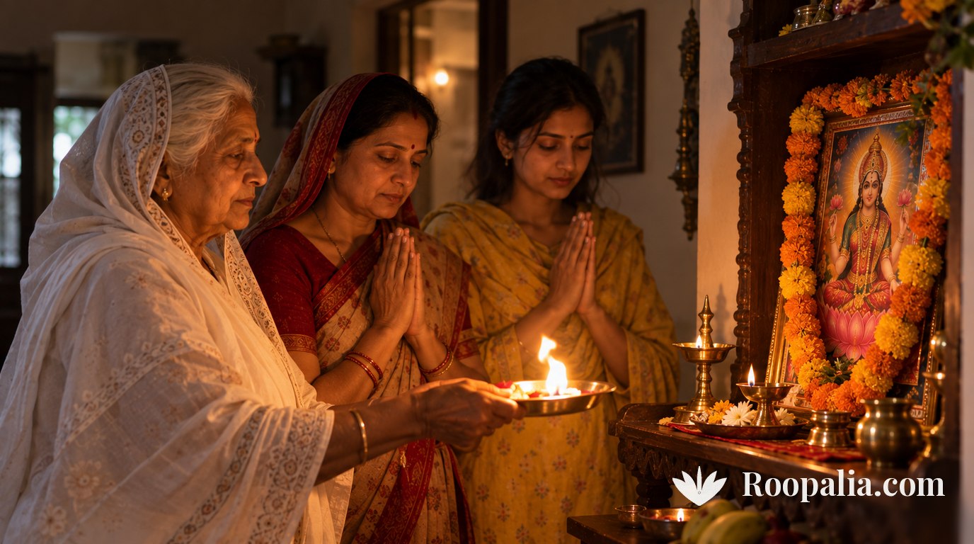 घर के मंदिर के सामने तीन पीढ़ियों की स्त्रियाँ मिलकर आरती करती हुईं — AI-निर्मित चित्र (Roopalia)