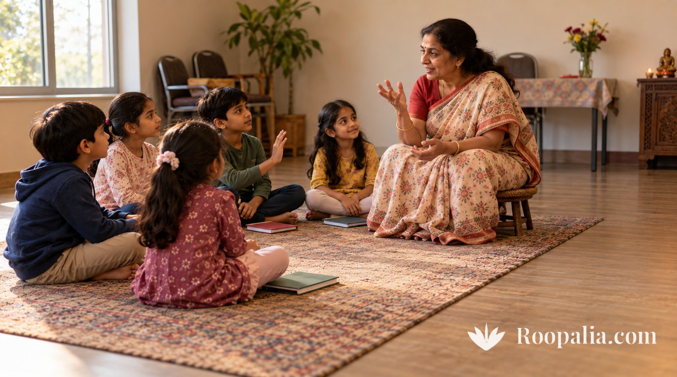 Six Indian children sitting in a loose semicircle on a rug in a plain community hall, with a woman in a saree on a low stool speaking and gesturing; one child has a hand half raised — AI-generated image (Roopalia)