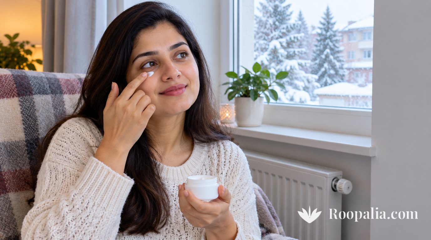 A woman in a sweater by a snowy window gently dabbing moisturiser under her eye with her ring finger, holding a plain white unlabelled jar, a radiator below the window &mdash; AI-generated image (Roopalia)