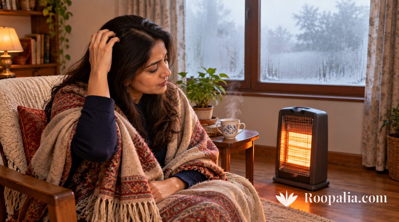 सर्दी की शाम, धुँधली खिड़की के पास कुर्सी पर शॉल ओढ़े बैठी स्त्री सिर खुजाती हुई, पास में जलता इलेक्ट्रिक हीटर और भाप उठता चाय का कप — AI-निर्मित चित्र (Roopalia)