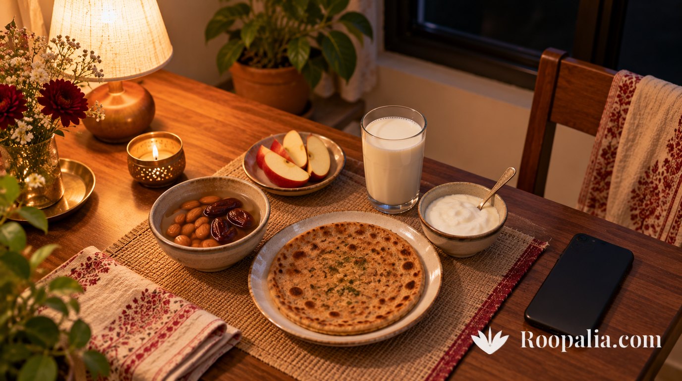 An overhead view of a simple pre-dawn meal on a small table — a bowl of soaked almonds and dates, a paratha, a bowl of curd, a glass of milk and a cut apple, one small lamp lit and the window behind still dark. AI-generated image (Roopalia)