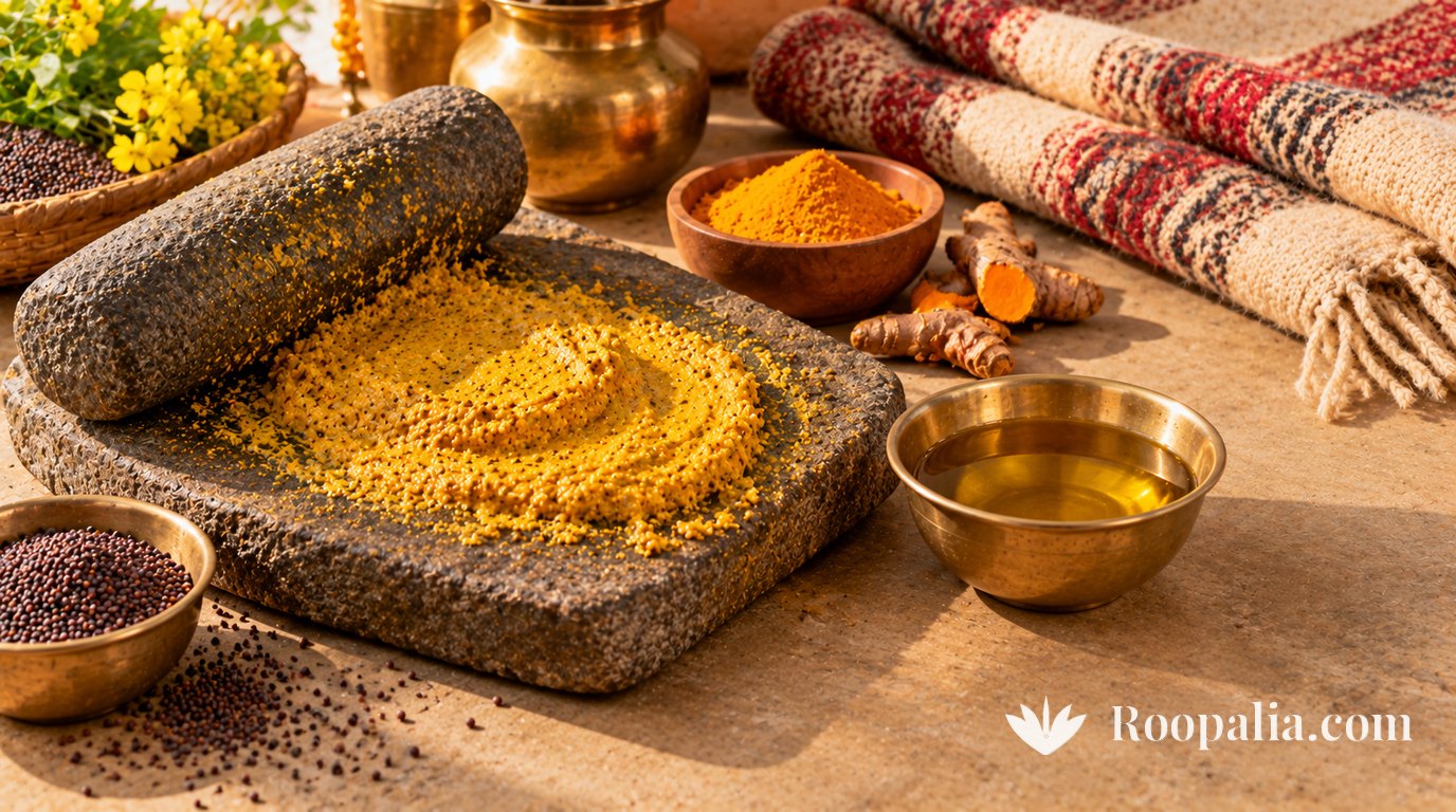 A mound of ground yellow mustard ubtan on a stone grinding slab with its roller, with brass bowls of mustard seeds, mustard oil, turmeric powder and turmeric roots &mdash; AI-generated image (Roopalia)