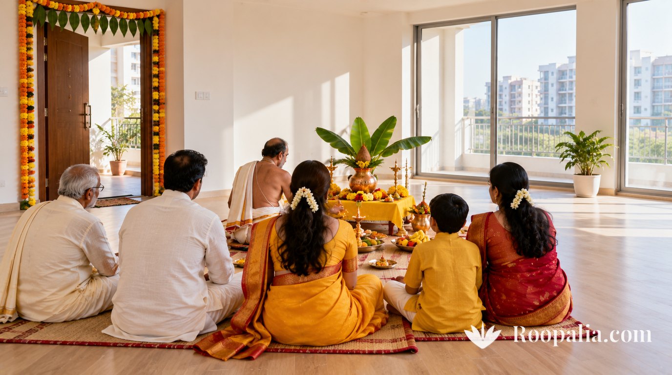 नए, लगभग ख़ाली फ़्लैट में गेंदे और आम के पत्तों के तोरण वाले दरवाज़े के पास पीली चौकी, कलश और केले के पत्ते, सामने दरी पर बैठा परिवार पीठ की ओर से, सुबह की तेज़ धूप — AI-निर्मित चित्र (Roopalia)