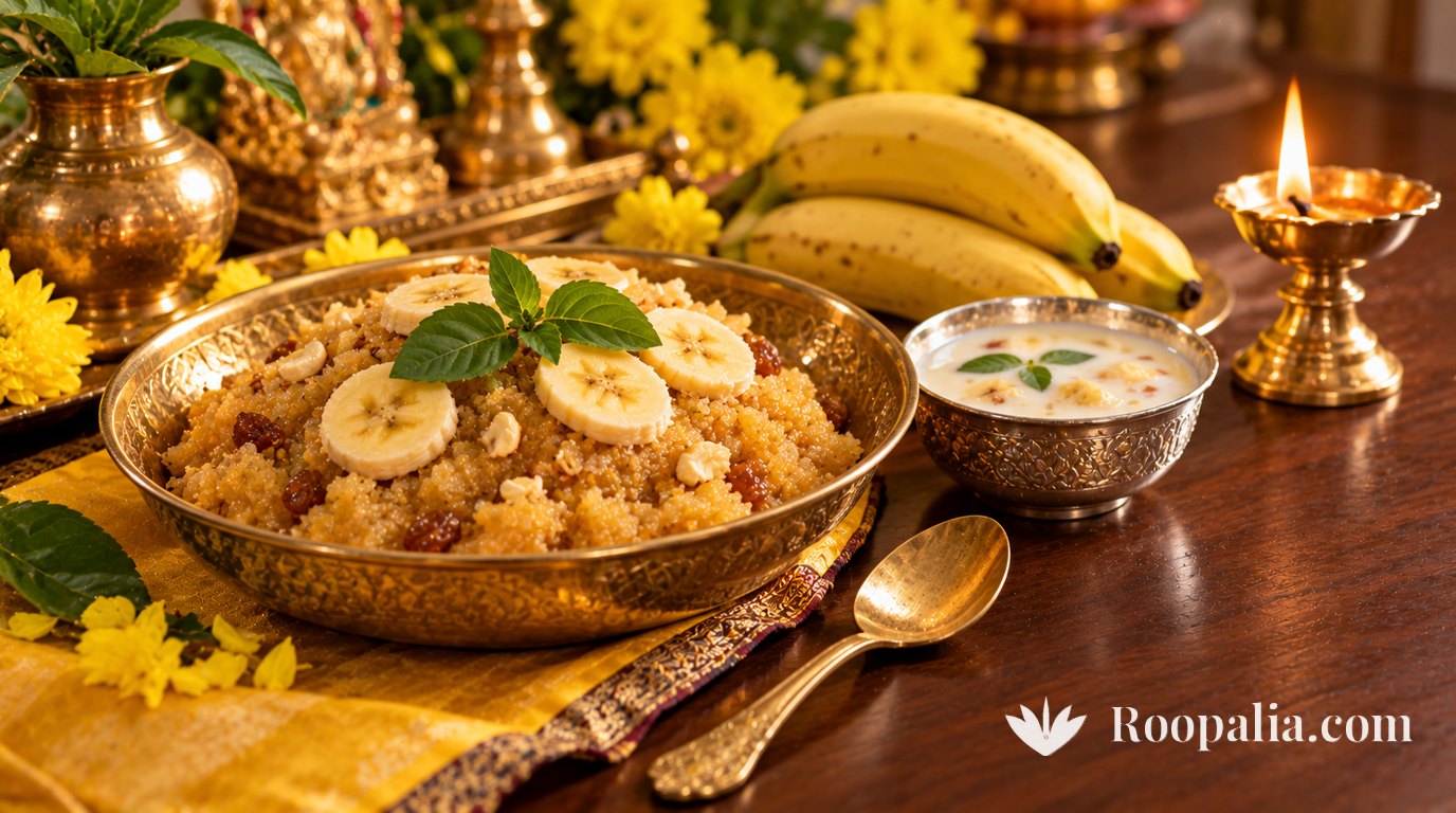 A brass bowl of golden sheera topped with banana slices, cashews and a tulsi sprig, a silver bowl of panchamrit, ripe bananas, a brass spoon and a lit brass lamp on a dark wooden table — AI-generated image (Roopalia)