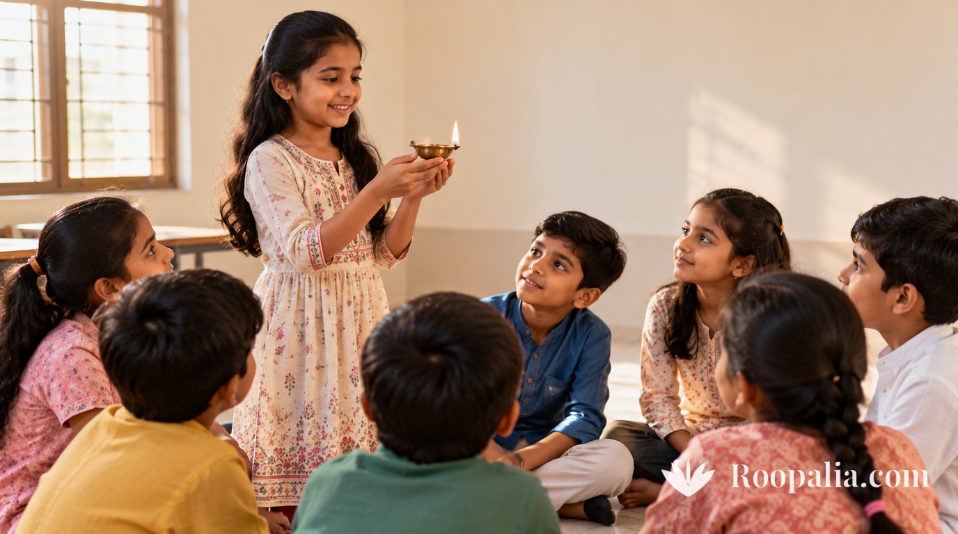 A nine-year-old girl standing in a sunlit classroom holding up a small brass diya in both hands to a seated semicircle of classmates who are watching with curiosity — AI-generated image (Roopalia)