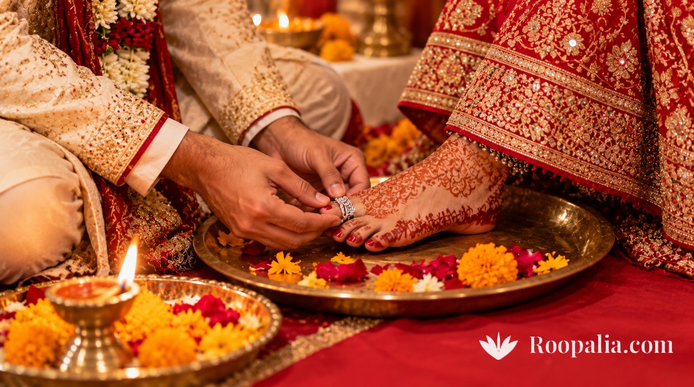 At a wedding mandap, a groom slips a silver toe ring onto the second toe of the bride’s henna-decorated foot, beside a brass plate of marigolds and a lit diya — AI-generated image (Roopalia)