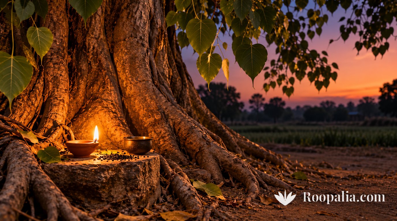 A clay lamp burning on a stone ledge among the huge roots of a peepal tree at dusk, with a small bowl of oil and black sesame seeds beside it &mdash; AI-generated image (Roopalia)