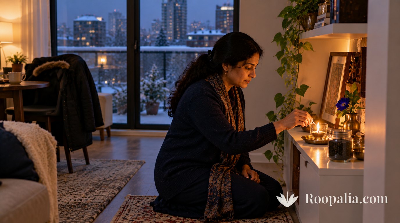 An Indian woman lighting a mustard-oil lamp inside a glass holder at a small shelf shrine in an apartment, a snowy city visible through the window — AI-generated image (Roopalia)