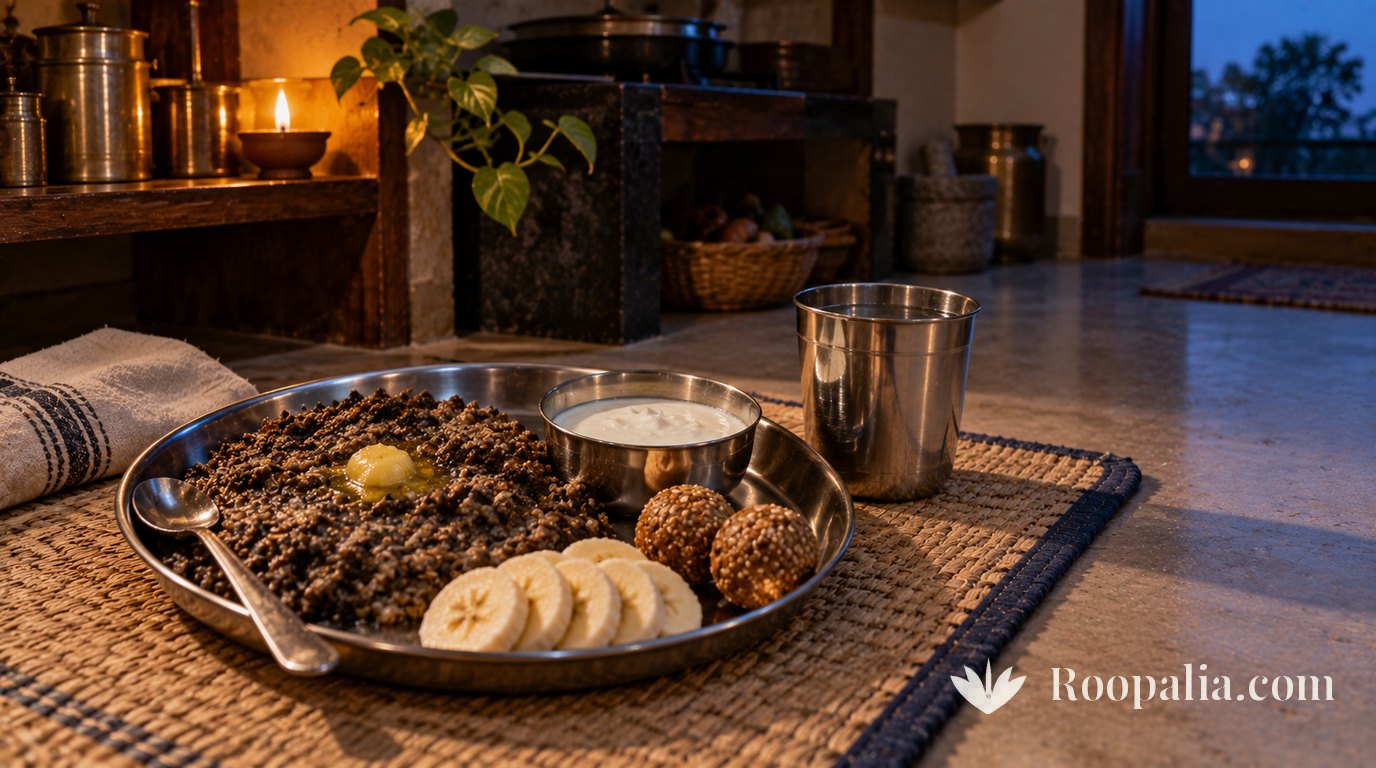 A simple Saturday fast meal on a steel plate — urad dal khichdi with ghee, curd, sesame laddoos, sliced banana and water — AI-generated image (Roopalia)