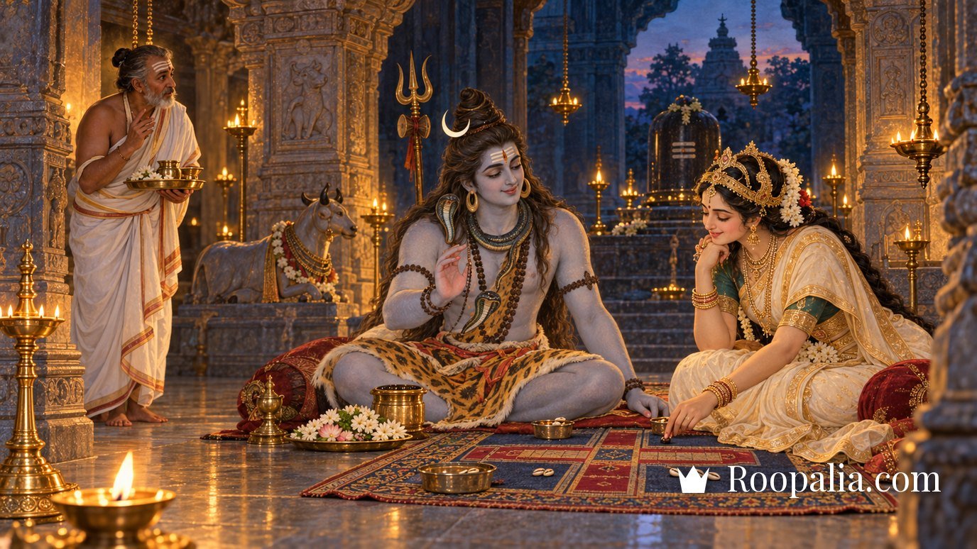 Shiva and Parvati playing chausar in the Amravati temple as the priest stands by with his thali — the opening of the Solah Somvar katha — AI-generated image (Roopalia)