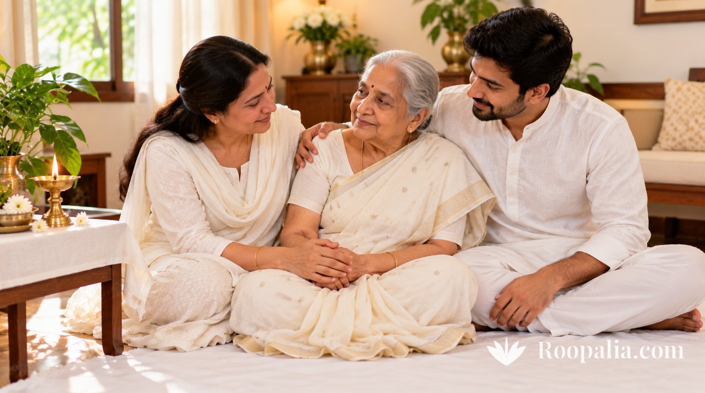 An Indian family in white sits together on a floor mat at home: a daughter holds her elderly mother’s hands while a young man rests his arm on her shoulder, with a lit brass diya on a low table nearby — AI-generated image (Roopalia)