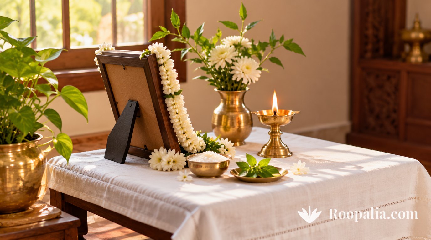 A low wooden table covered in white cloth with a photo frame turned away and draped in a white flower garland, a lit brass diya, a bowl of rice, tulsi leaves and a vase of white flowers &mdash; AI-generated image (Roopalia)
