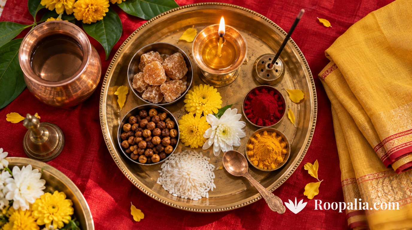 A Friday puja thali with jaggery, roasted chickpeas, a lamp, vermilion, turmeric, rice and flowers — AI-generated image (Roopalia)